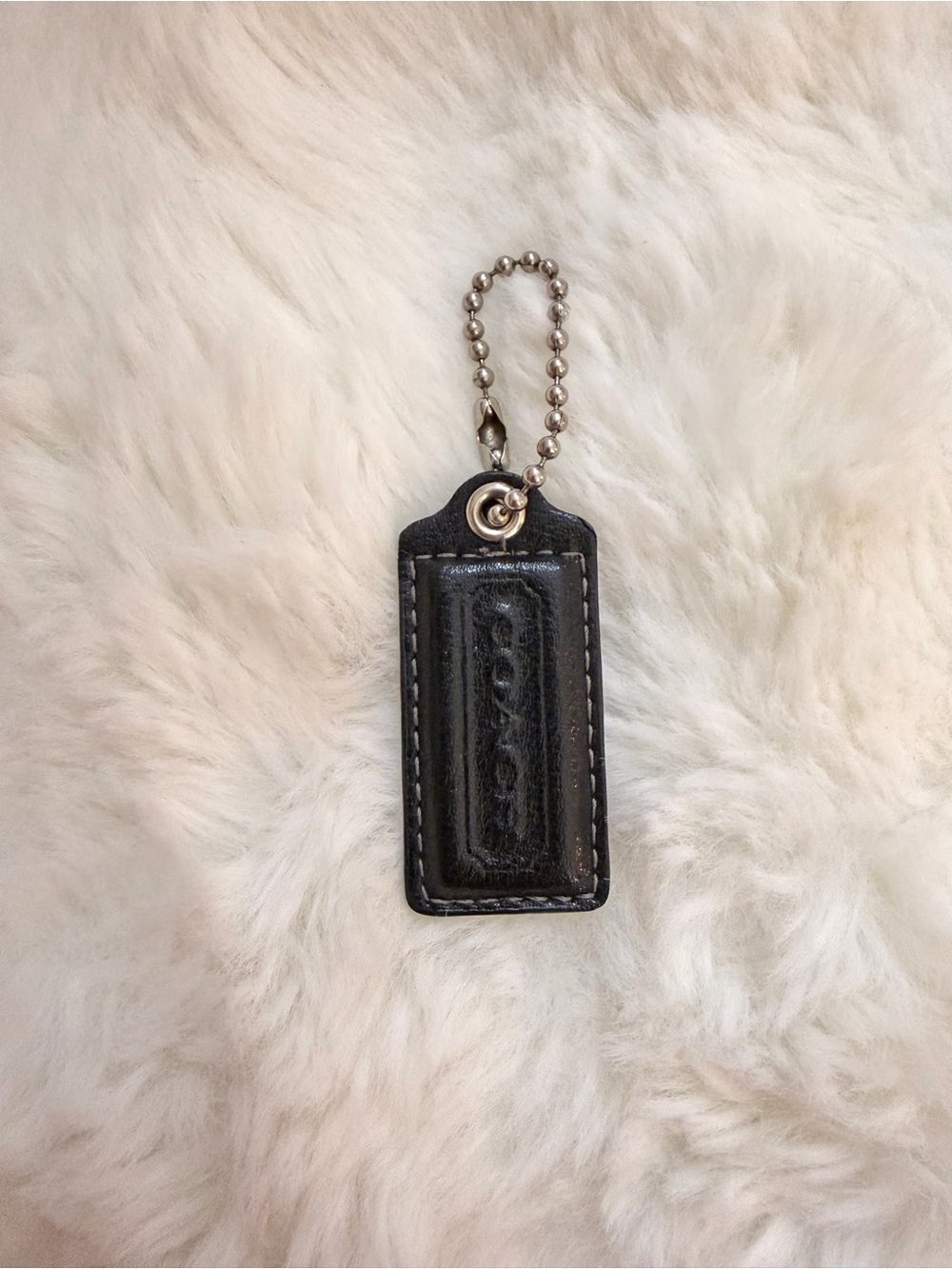 Coach Black Leather Key Tag with Silver Ball Chain